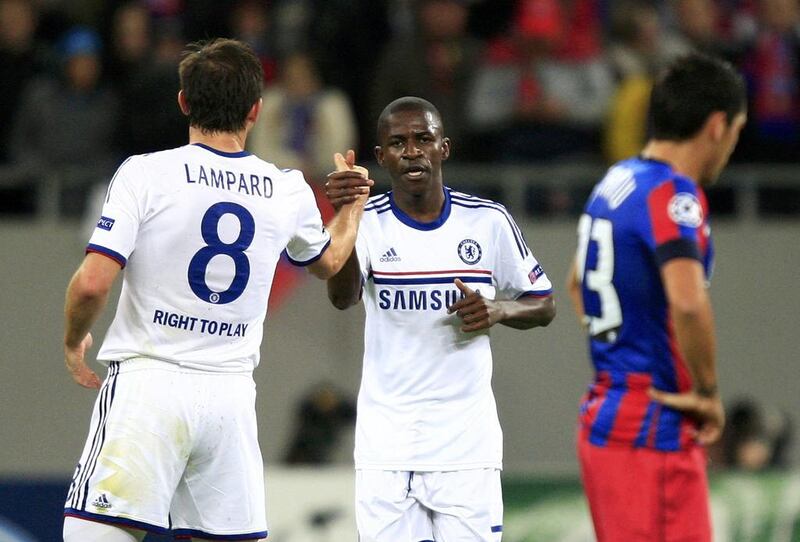 Chelsea's Ramires, centre, celebrates with his team mate Frank Lampard after scoring a goal against Steaua Bucharest during their Uefa Champions League win on Tuesday night. Radu Sigheti / Reuters