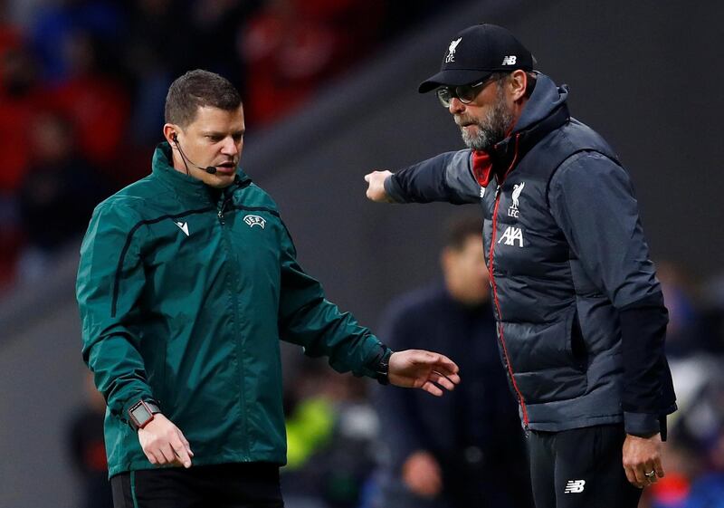 Liverpool manager Jurgen Klopp remonstrates with the fourth official. The German was shown a yellow card for taking his protests too far. Reuters