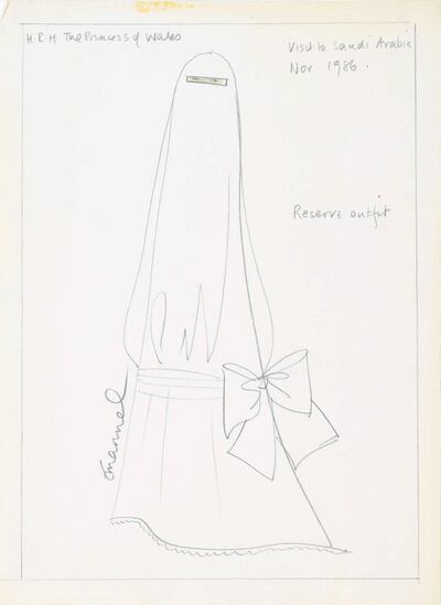 A sketch of the burqa outfit Princess Diana had planned to wear during her Gulf trip. Courtesy RR Auction