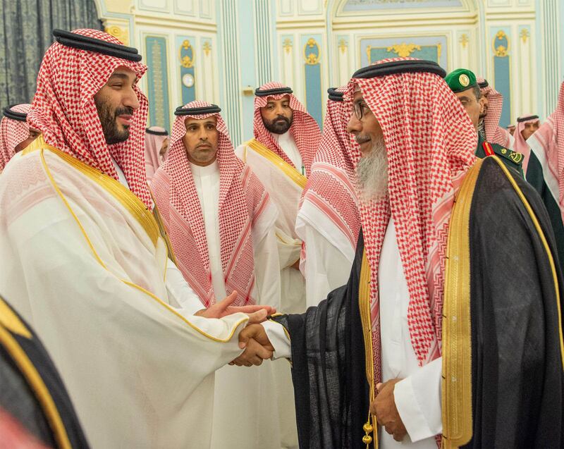 Crown Prince Mohammed bin Salman, Prime Minister of Saudi Arabia, receives Ramadan greetings and congratulations from princes, scholars, ministers and citizens at a gathering in Al Yamamah Palace to mark the first Friday of the holy month 
