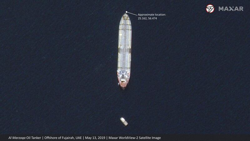 This satellite image provided by Maxar Technologies shows the Saudi-flagged oil tanker Al Marzoqah off the coast of Fujairah. AP
