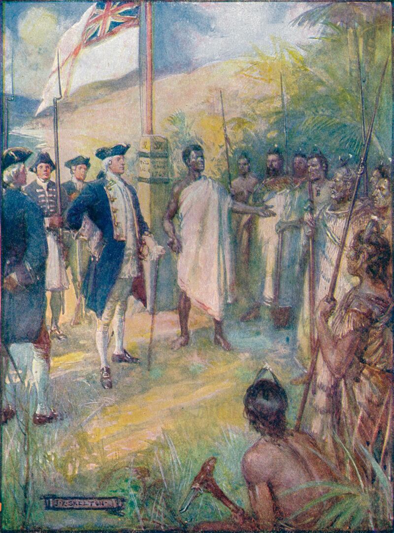 Cook Told The Maoris That He Had Come To Set A Mark Upon Their Islands' (c1908), from 'Our Empire Story,' by HE Marshall (Thomas Nelsom And Sons, London), c1920. James Cook (1728-1779) British explorer, navigator, cartographer, and captain in the Royal Navy. Cook told the Maoris that he had come to set a mark upon their islands. (Photo by The Print Collector/Print Collector/Getty Images)
