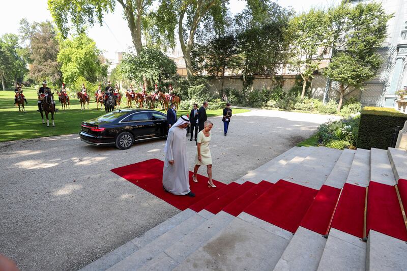 Sheikh Mohamed arrives at the Matignon to meet Ms Borne. Chris Whiteoak / The National