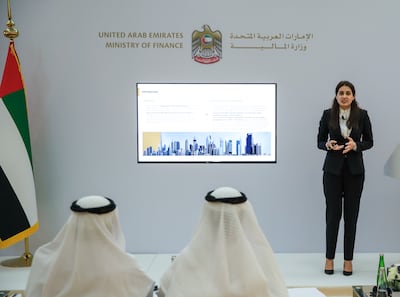 Shabana Begum, executive director of the tax policy sector, speaks during the press conference on corporate tax for free zones in the UAE. Victor Besa / The National