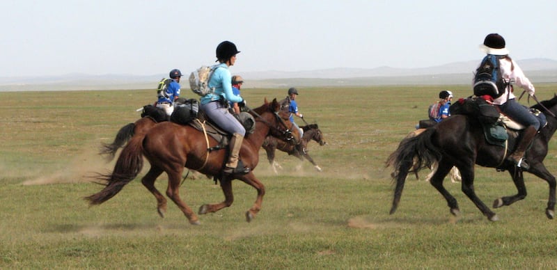 TO GO WITH STORY Lifestyle-Mongolia-racing-horses BY MICHAEL KOHN
In a handout picture released by the British-based organisation The Adventurists and taken on August 29, 2009, competitors ride during the Mongol Derby 860-km horse race in northern Mongolia organised by The Adventurists organisation. More than two dozen horsemen raced across the finish line in Mongolia after a test of endurance that would have impressed even legendary tough guy and emperor Genghis Khan. The international group of riders pounded 860 kilometres (530-miles) across the Asian country's vast grasslands in the 10-day Mongol Derby, which organisers call the world's longest horse race.   RESTRICTED TO EDITORIAL USE   AFP PHOTO/THE ADVENTURISTS