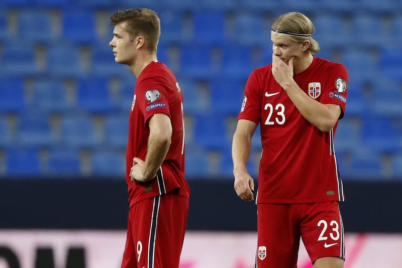 Norway strikers Erling Braut Haaland and Bjorn Johnsen. EPA