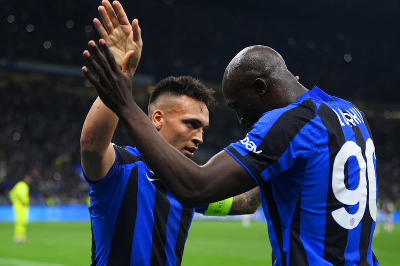Lautaro Martinez of Inter celebrates with teammate Romelu Lukaku. Getty Images