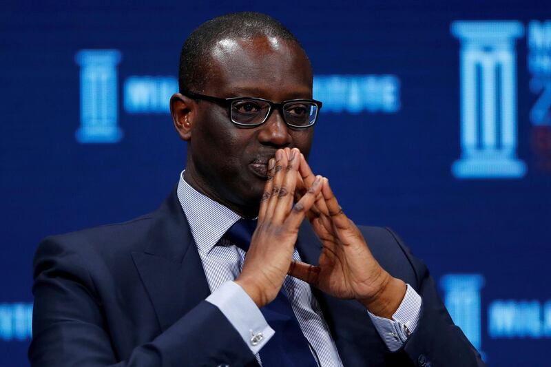 FILE PHOTO: Tidjane Thiam, CEO, Credit Suisse Group AG, speaks at the Milken Institute 21st Global Conference in Beverly Hills, California, U.S., May 1, 2018.    REUTERS/Mike Blake/File Photo
