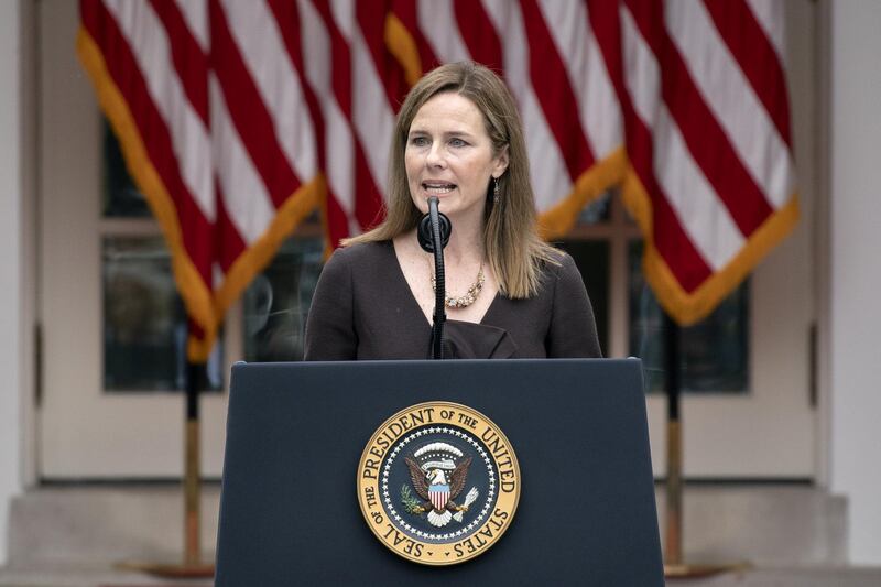 Amy Coney Barrett, US President Donald Trump's nominee for associate justice of the Supreme Court, speaks during an announcement ceremony in the Rose Garden of the White House in Washington. Bloomberg