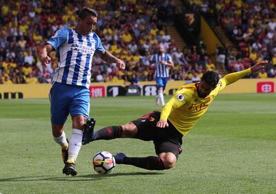 Soccer Football - Premier League - Watford vs Brighton & Hove Albion - Watford, Britain - August 26, 2017   Watford's Miguel Britos is sent off for this challenge on Brighton's Anthony Knockaert   REUTERS/Eddie Keogh    EDITORIAL USE ONLY. No use with unauthorized audio, video, data, fixture lists, club/league logos or "live" services. Online in-match use limited to 45 images, no video emulation. No use in betting, games or single club/league/player publications. Please contact your account representative for further details.