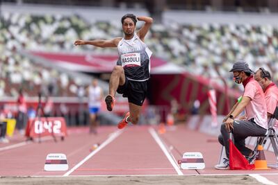 Afghanistan's Hossain Rasouli competes in the T47 long jump final in Tokyo. EPA