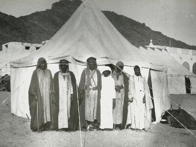 Muna pilgrimage camp, From a set of 15 lantern slides made to illustrate a paper by H. St. John B. Philby on 'Across the Rub 'Al Khali to Ubar', read at the Society on 23rd May 1932, . Artist Harry St. John Bridger Philby. (Photo by Royal Geographical Society via Getty Images/Getty Images)