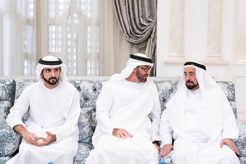 ABU DHABI, UNITED ARAB EMIRATES - January 29, 2018: HH Dr Sheikh Sultan bin Mohamed Al Qasimi, UAE Supreme Council Member and Ruler of Sharjah (R), and HH Sheikh Hamdan bin Mohamed Al Maktoum, Crown Prince of Dubai (L), offer condolences to HH Sheikh Mohamed bin Zayed Al Nahyan, Crown Prince of Abu Dhabi and Deputy Supreme Commander of the UAE Armed Forces (C), on the passing of HH Sheikha Hessa bint Mohamed Al Nahyan, at Mushrif Palace.
( Hamad Al Kaabi / Crown Prince Court - Abu Dhabi )
—