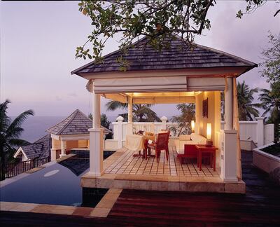 The Intendance Pool villas are set on the hillside overlooking the beach. Courtesy Banyan Tree Seychelles Resort & Spa