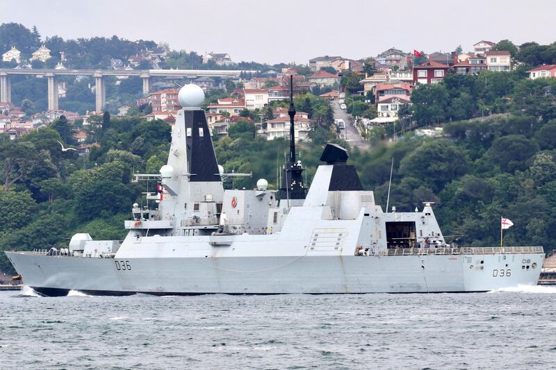 British Royal Navy's Type 45 destroyer HMS Defender sets sail in the Bosphorus, on its way to the Black Sea, in Istanbul, Turkey June 14, 2021. Picture taken  June 14, 2021. REUTERS/Yoruk Isik