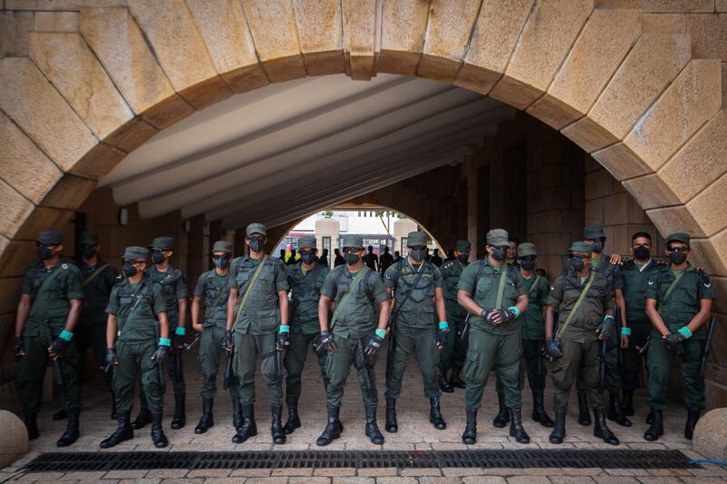 Soldiers stand guard at the Presidential Secretariat after Mr Wickremesinghe was announced as Sri Lanka's new president. Getty