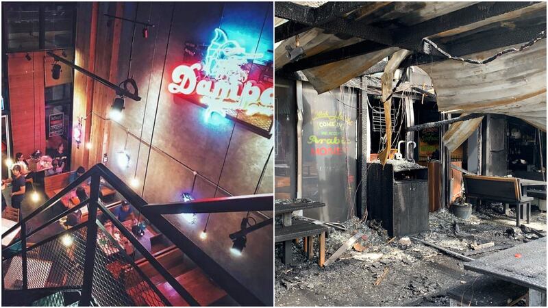 The restaurant before and after the fire. Photo: @dampaseafoodgrill / Instagram; Pawan Singh / The National