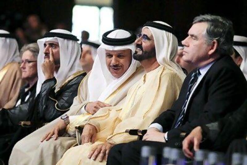 Attending the opening plenary of a World Economic Forum gathering in Dubai yesterday are, from left to right, Sheikh Hamdan bin Mohammed, Crown Prince of Dubai; Abdullatif Al Zayani, the GCC secretary general; Sheikh Mohammed bin Rashid, Vice President of the UAE and Ruler of Dubai; and Gordon Brown, UN special envoy for global education and former prime minister of Britain. Sarah Dea / The National