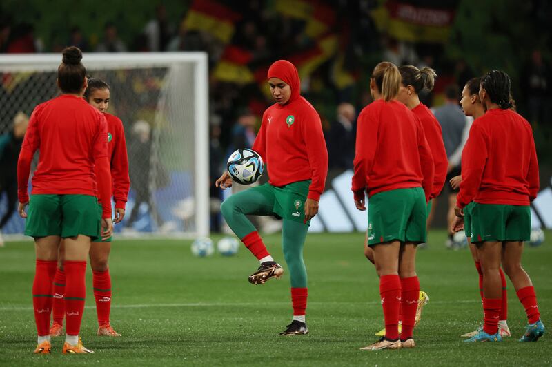 Morocco's Nouhaila Benzina during the warm up before the Women's World Cup 2023 Group H match against Germany at Melbourne Rectangular Stadium in Melbourne, Australia. AFP