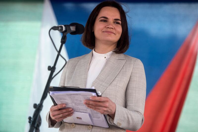 Photo taken on June 7 of Belarusian opposition leader Svetlana Tikhanovskaya, before she delivered a speech in Prague during a protest against Belarusian President Lukashenko.