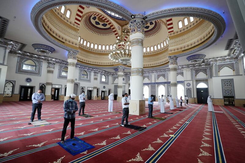 Dubai, United Arab Emirates - Reporter: N/A. News. Covid-19/Coronavirus. Midday prayers are performed at Al Farooq Omar Bin Al Khattab Mosque in Dubai. Wednesday, July 1st, 2020. Dubai. Chris Whiteoak / The National