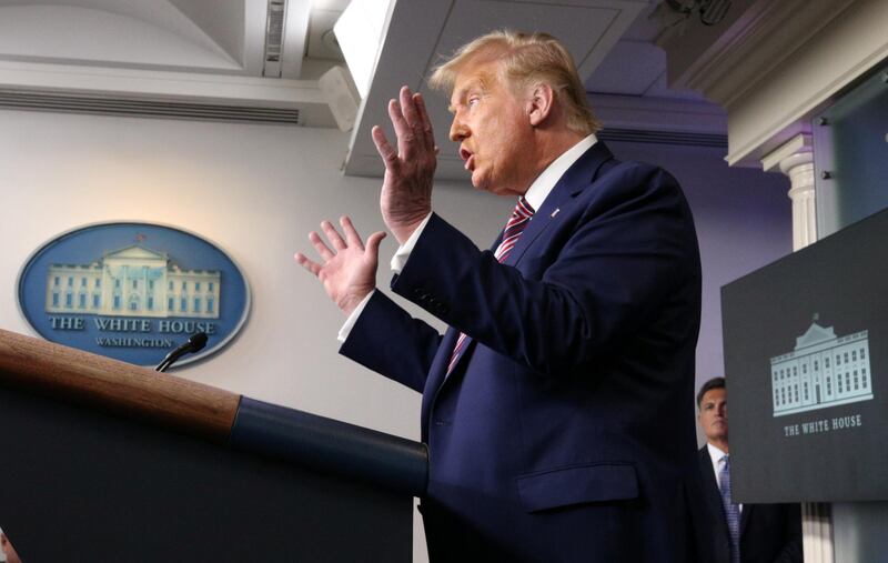 U.S. President Donald Trump speaks to reporters during a news conference inside the James S. Brady Briefing Room at the White House September 27, 2020 in Washington, U.S. REUTERS/Ken Cedeno          NO RESALES. NO ARCHIVES.