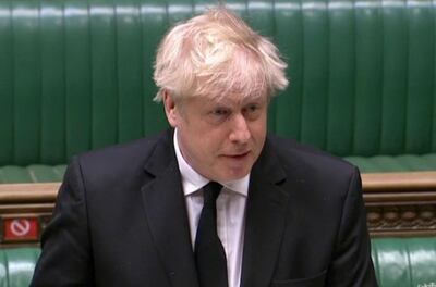 A video grab from footage broadcast by the UK Parliament's Parliamentary Recording Unit (PRU) shows Britain's Prime Minister Boris Johnson speaking during a Humble Address expressing the sympathies of the House on the death of Britain's Prince Philip, Duke of Edinburgh, in a socially distanced hybrid session at the House of Commons in London on April 12, 2021. Lawmakers across the UK convened Monday to pay tribute to Prince Philip, whose death on April 9, aged 99, has left a "huge void" in the life of Queen Elizabeth II. The UK parliament in London was returning a day early from its Easter break to pay respects to Philip, who spent 73 years at the side of Britain's longest-reigning monarch.
 - RESTRICTED TO EDITORIAL USE - MANDATORY CREDIT " AFP PHOTO / PRU " - NO USE FOR ENTERTAINMENT, SATIRICAL, MARKETING OR ADVERTISING CAMPAIGNS
 / AFP / PRU / - / RESTRICTED TO EDITORIAL USE - MANDATORY CREDIT " AFP PHOTO / PRU " - NO USE FOR ENTERTAINMENT, SATIRICAL, MARKETING OR ADVERTISING CAMPAIGNS
