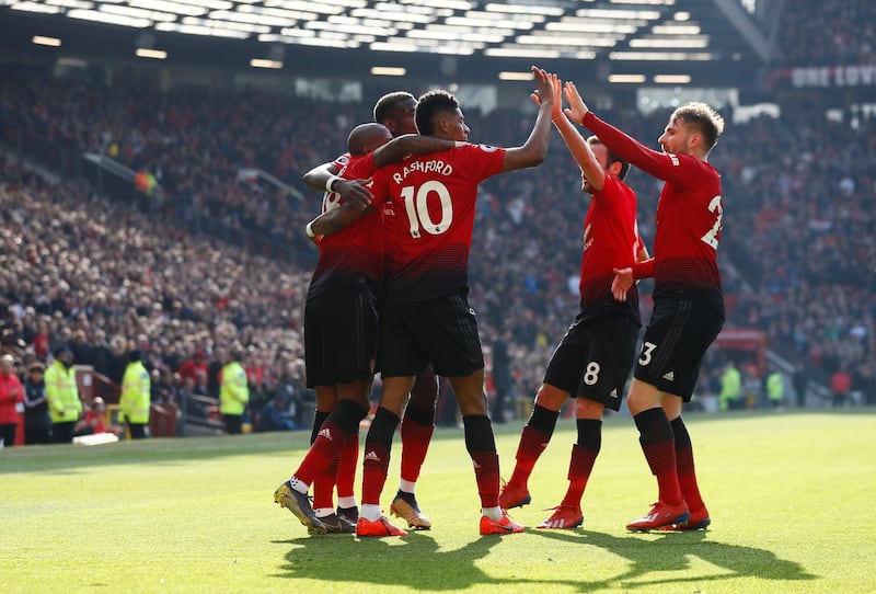 United's players celebrate Anthony Martial's goal. Action Images via Reuters