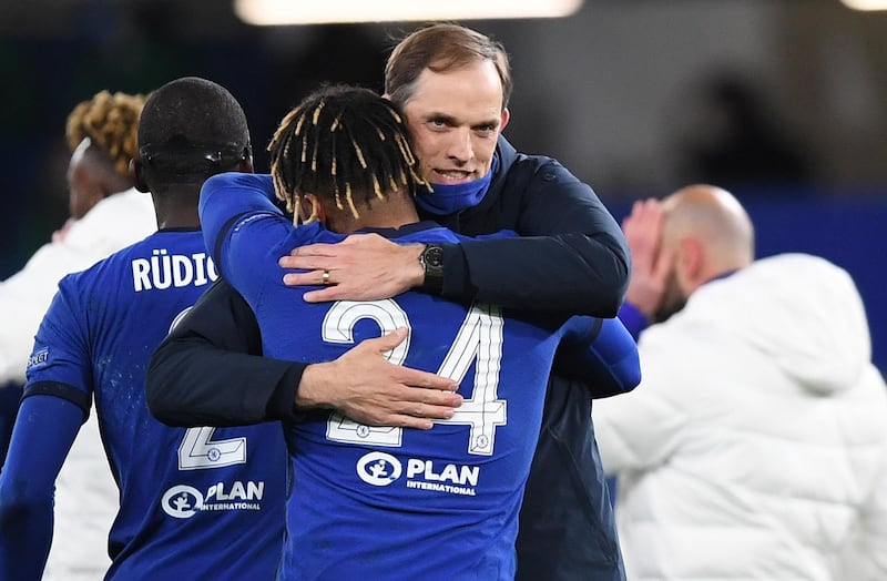 Thomas Tuchel celebrates with Reece James after Chelsea reached the Champions League final. EPA