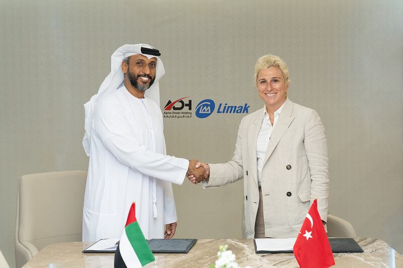Hamad Al Ameri, chief executive and managing director of Alpha Dhabi, and Ebru Ozdemir, chairperson of Limak Group, sign the initial agreement to drive sustainable development in the UAE and Turkey. Photo: Alpha Dhabi Holding