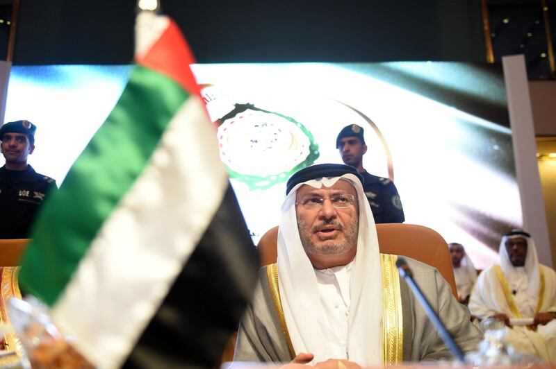 UAE Minister of State for Foreign Affairs Anwar Gargash attends the preparatory meeting of Arab Foreign Ministers ahead of the 28th Summit of the Arab League in Riyadh on April 12, 2018. / AFP PHOTO / FAYEZ NURELDINE