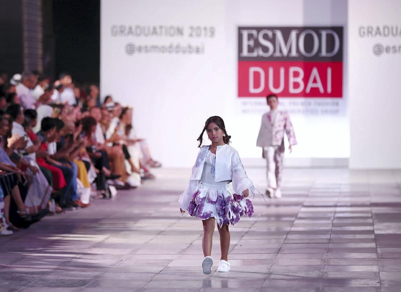 Dubai, United Arab Emirates - June 20, 2019: Designs by student designer Mariam Murad, the collection takes inspiration from staple winter pieces and elements of spring. Esmod Fashion Show. Thursday the 20th of June 2019. City Walk, Dubai. Chris Whiteoak / The National