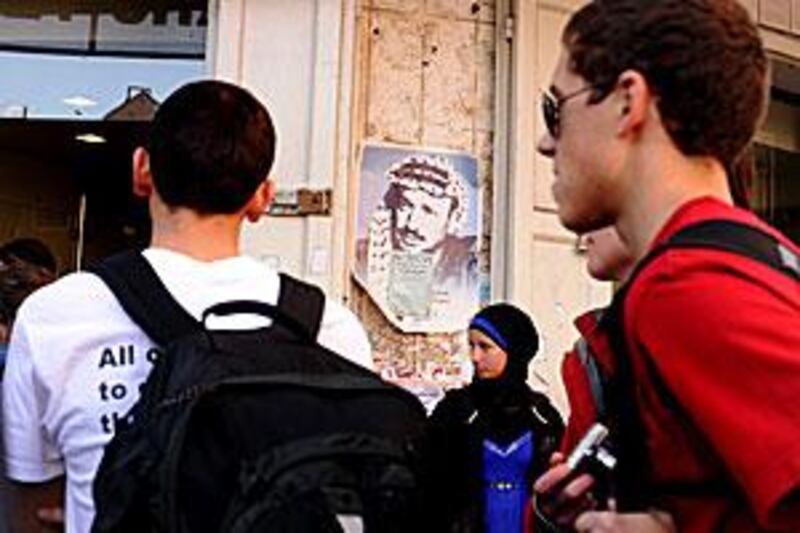 A group of American students visit a Palestinian residence in Ramallah during their tour of the West Bank.
