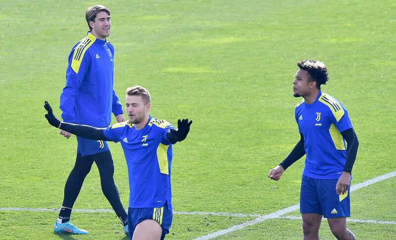 Juventus players Dusan Vlahovic, Matthijs de Ligt and Weston McKennie train for the Villareal clash. EPA 