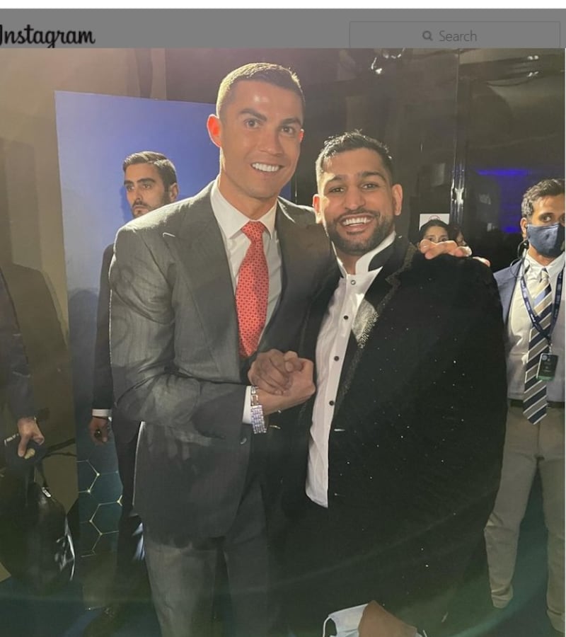 British boxer, Amir Khan, who recently revealed he has bought property in Dubai, posed with Cristiano Ronaldo at the annual 2020 Dubai Globe Soccer Awards. Instagram