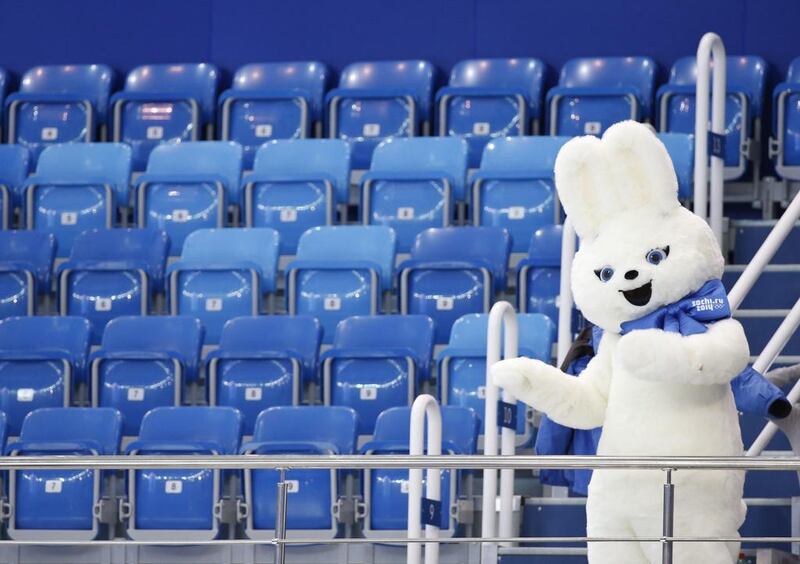 Olympic mascot The Hare pictured before the start of the Short Track competitions in the Iceberg Skating Palace. Barbara Walton/EPA