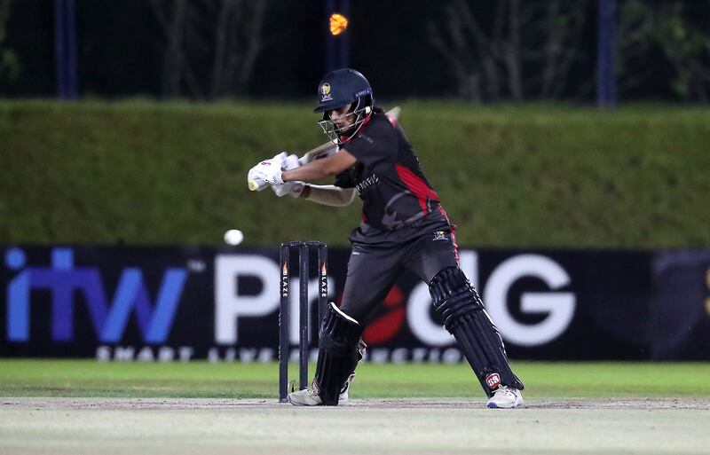 UAE's Esha Oza plays a shot during the T20 international against Hong Kong at Malek Cricket ground in Ajman. UAE won by 28 runs.All photos Pawan Singh / The National 