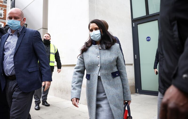 Britain's Home Secretary Priti Patel leaves the BBC headquarters after appearing on The Andrew Marr Show, in London, Britain, May 23, 2021. REUTERS/Henry Nicholls
