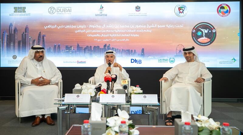 Saeed Hareb, secretary general of Dubai Sports Council, centre, at the launch of the Karate World Championships at the Dubai Sports Council on Wednesday, October 6, 2021.