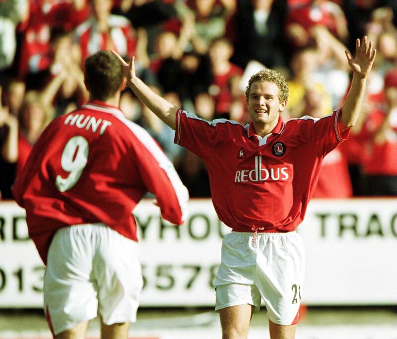 30 Sep 2000:  Andy Hunt celebrates scoring with Jonatan Johansson of Charlton during the FA Carling Premiership game between Charlton Athletic and Coventry City at The Valley, London. Mandatory Credit: Graham Chadwick/ALLSPORT