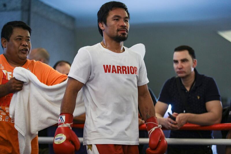 Manny Pacquiao takes part in a training session at a gym in Kuala Lumpur ahead of his WBA world welterweight bout against Argentina's Lucas Matthysse on July 15.  EPA