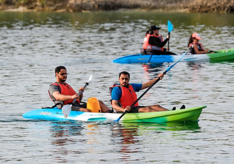 Abu Dhabi, United Arab Emirates, March 12, 2021. Visitors enjoy their Friday afternoon at the Anantara Eastern Mangroves with their rented Kayaks, Donut Boats, and other exciting floatation vehicles.
Victor Besa / The National
Section:  NA
FOR:  Stand alone/Big Picture