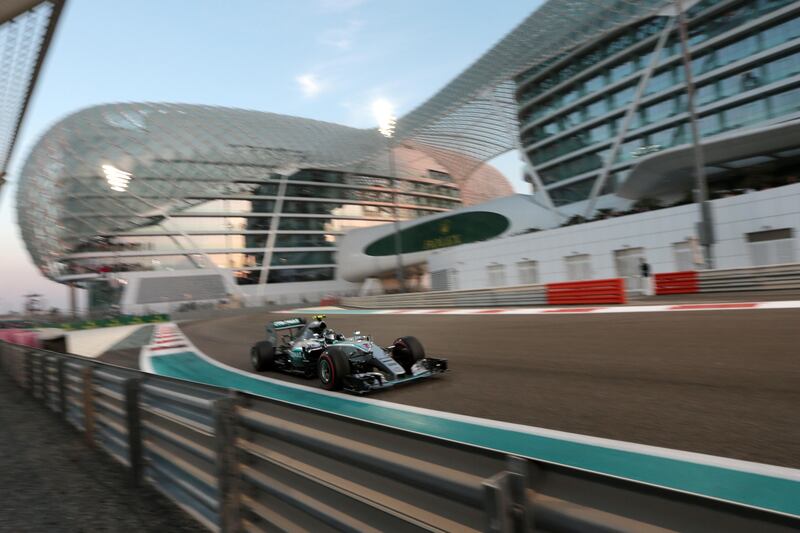 Abu Dhabi, United Arab Emirates, November 29, 2015:    Nico Rosberg of Germany and Mercedes GP races during the Etihad Airways Abu Dhabi Grand Prix at Yas Marina Circuit in Abu Dhabi on November 29, 2015. Christopher Pike / The National

Job ID: 91093
Reporter:  N/A
Section: Sport
Keywords:  *** Local Caption ***  151129_pike17211699.jpg