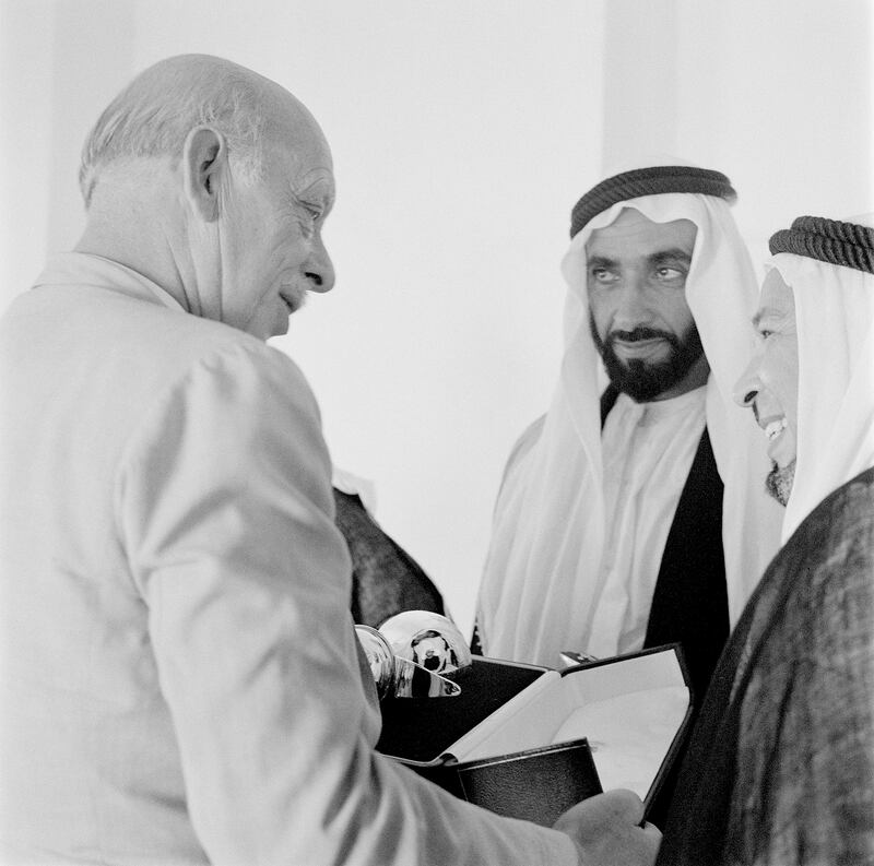 Sheikh Zayed meets with a senior official from BP in late 1957, as the concession prepares to begin drilling for oil. Photo: BP Archives