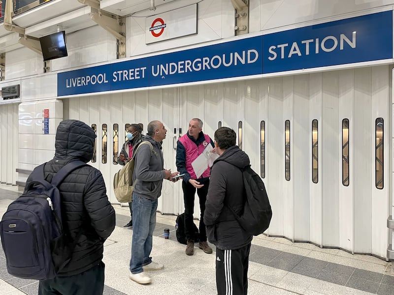 Commuters at a closed Liverpool Street underground station. All London Underground lines are suspended, according to Transport for London’s website, amid strike action by thousands of workers. PA