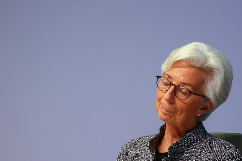 FILE PHOTO: European Central Bank (ECB) President Christine Lagarde reacts as she addresses a news conference on the outcome of the meeting of the Governing Council, in Frankfurt, Germany, March 12, 2020. REUTERS/Kai Pfaffenbach -/File Photo