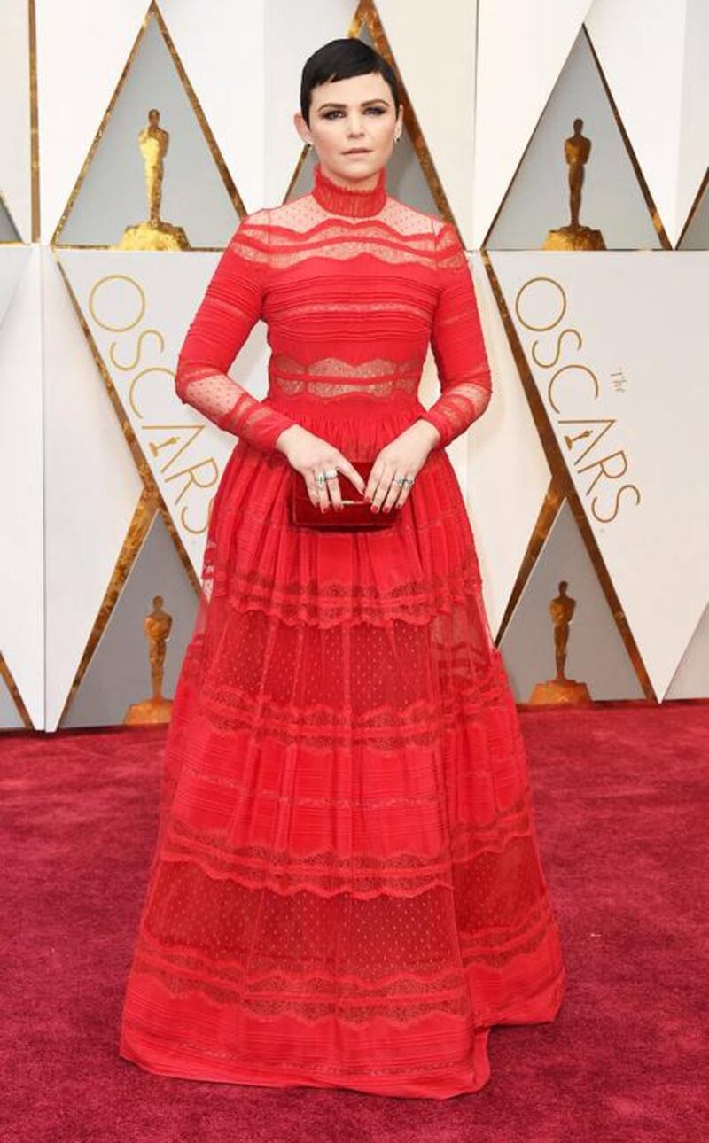 Ginnifer Goodwin shone in vivid red lace gown by Zuhair Murad. Courtesy Harvey Nichols