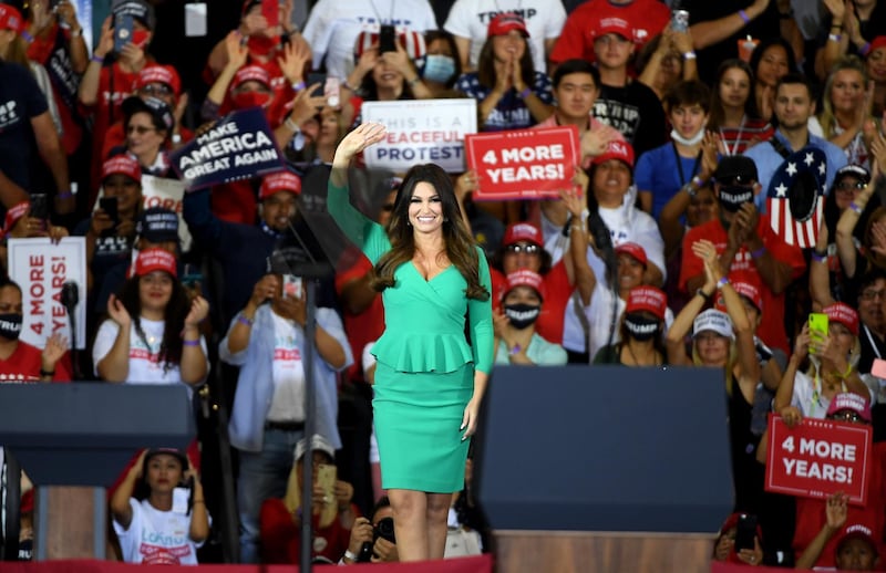 HENDERSON, NEVADA - SEPTEMBER 13: Kimberly Guilfoyle waves after speaking at a campaign event for U.S. President Donald Trump at Xtreme Manufacturing on September 13, 2020 in Henderson, Nevada. Trump's visit comes after Nevada Republicans blamed Democratic Nevada Gov. Steve Sisolak for blocking other events he had planned in the state.   Ethan Miller/Getty Images/AFP