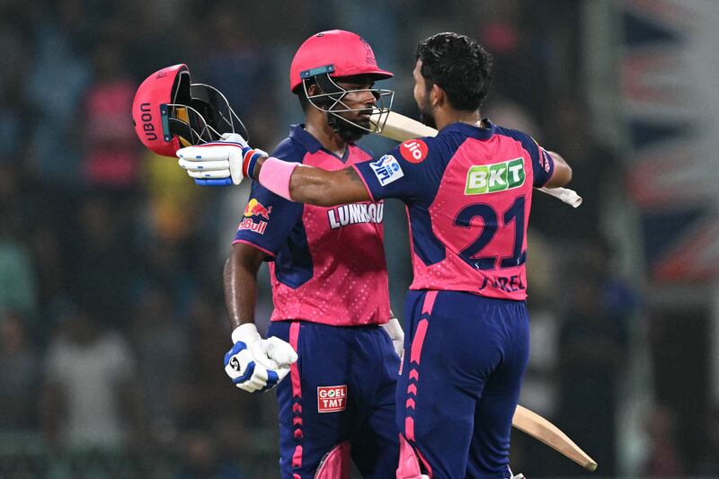Rajasthan Royals, captained by Sanju Samson, left, have all but qualified for the IPL 2024 playoffs. AFP