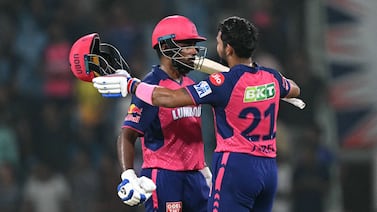 Rajasthan Royals, captained by Sanju Samson, left, have all but qualified for the IPL 2024 playoffs. AFP